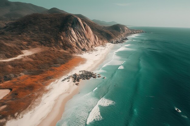 Praia tropical vista de cima Lindo mar azul com árvores verdes exuberantes Generative AI