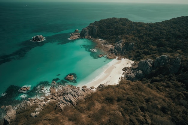 Praia tropical vista de cima lindo mar azul com árvores verdes exuberantes generative ai