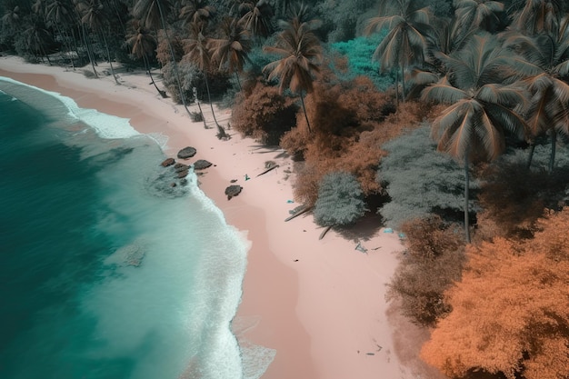 Praia tropical vista de cima Lindo mar azul com árvores verdes exuberantes Generative AI