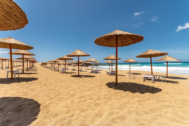 Praia vazia com guarda-chuvas no verão com a luz do sol.