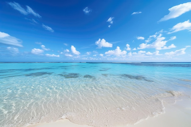 Praia vazia do Caribe com águas azul-turquesa e céu azul