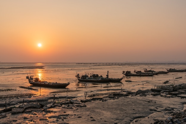 Praias douradas e barcos de pesca na praia ao entardecer