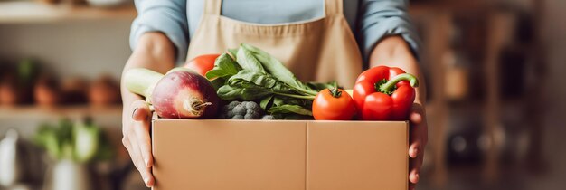 Foto praktische lebensmittellieferantin erhält aufgeregt eine kiste mit frischem gemüse