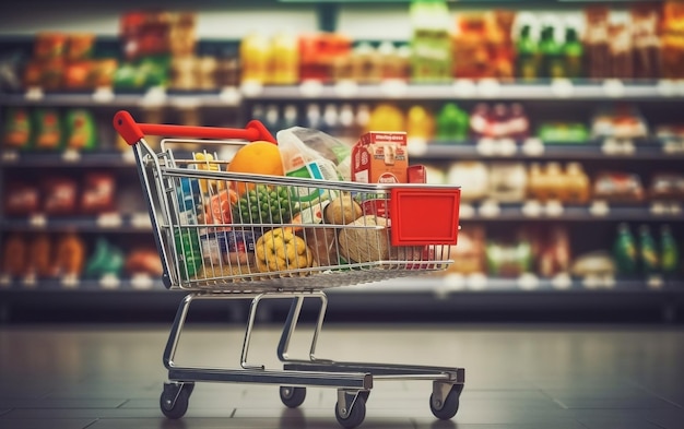 Praktischer Einkaufswagen im Supermarkt, gefüllt mit generativer KI von Essentials