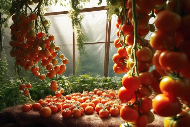 Pralle rote Tomaten hängen an einem Zweig in einem Gewächshaus und sind bereit für die Ernte durch generative KI