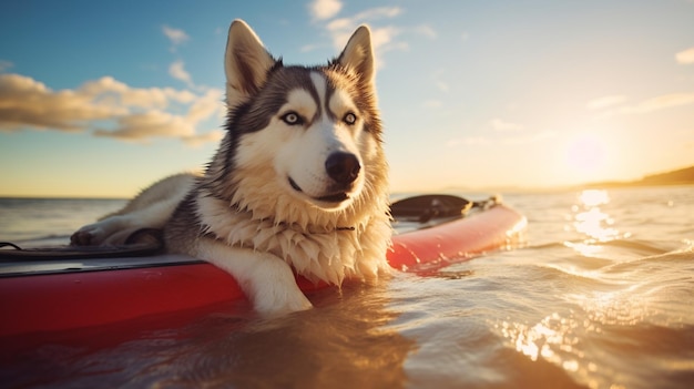 Prancha de competição de surf de cachorro Husky na praia do mar imagem Arte gerada por IA