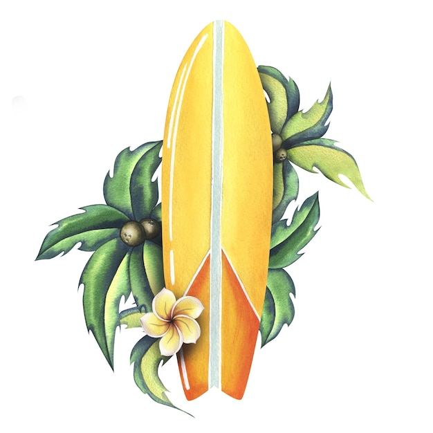 Prancha de surf em amarelo e laranja com listras com folhas tropicais e flores de plumeria