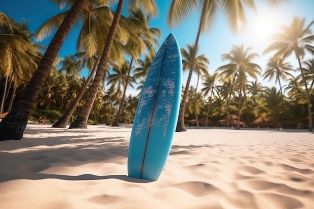 Foto prancha de surf em pé presa na areia e deitada na palmeira na praia paradisíaca no dia ensolarado