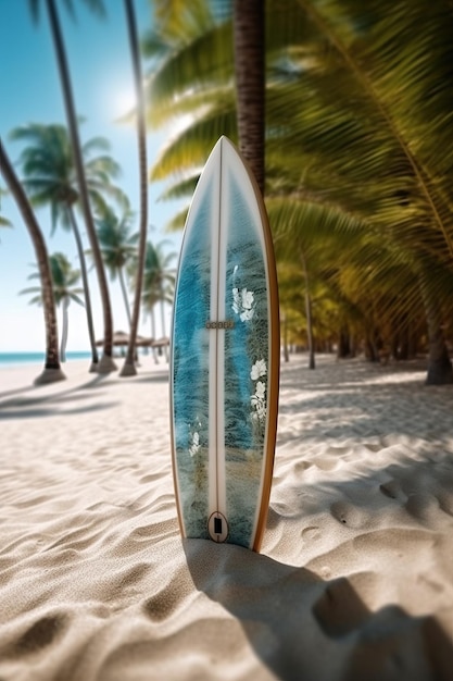 prancha de surf em pé presa na areia e deitada na palmeira na praia paradisíaca no dia ensolarado