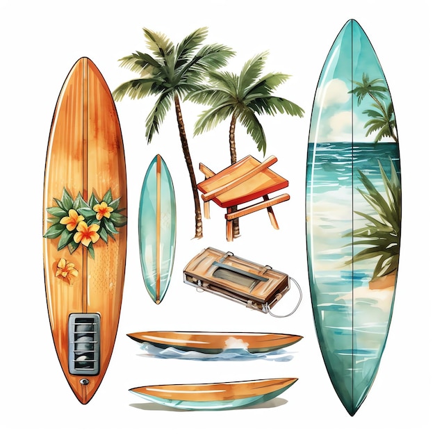 Prancha de surf encenada em estilo aquarela com cores vibrantes e padrões abstratos