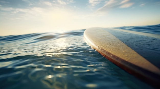 Prancha de surf no mar oceano com sol refletindo na água