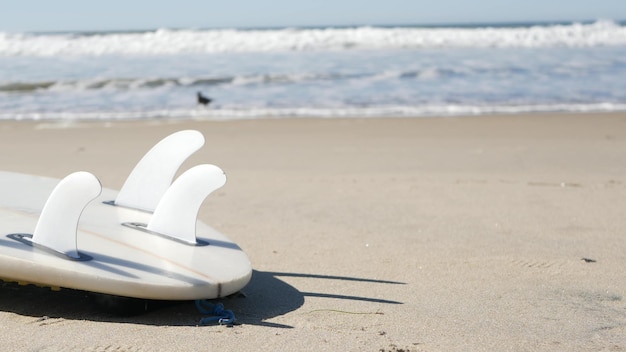 Prancha de surf para surfar deitada na praia areia costa da califórnia eua ondas do oceano