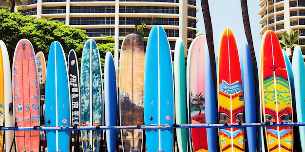 Pranchas de surf alinhadas no rack na famosa praia Serviço de aluguel de surf spot Os surfistas pegam ondas