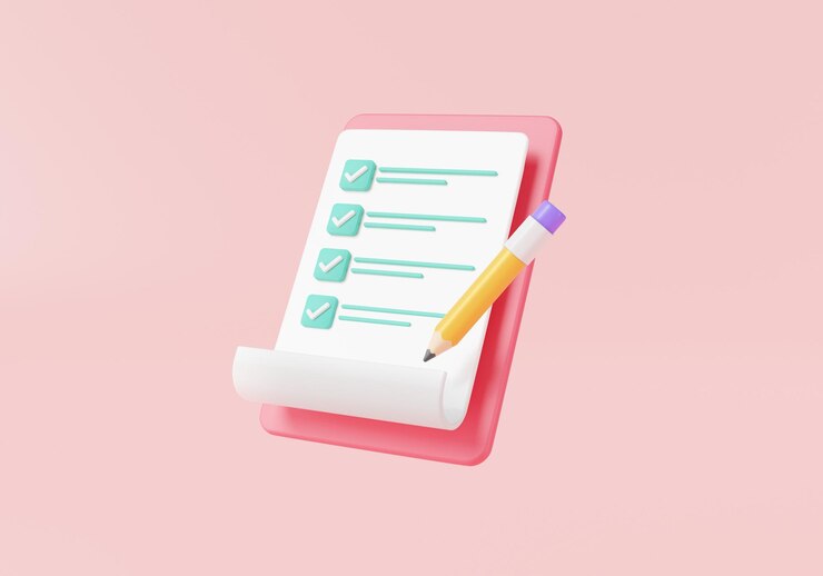 Foto prancheta 3d com lista de verificação e lápis no fundo rosa planejamento e organização do trabalho plano de projeto de bloco de notas de lista de verificação rápida documento com marcas de seleção ilustração de renderização de ícone 3d