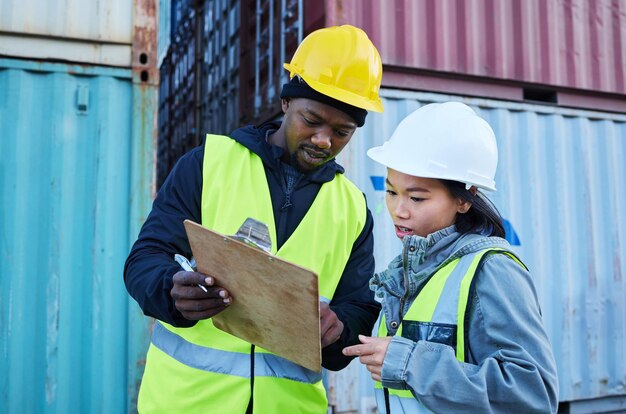 Prancheta de logística e equipe de diversidade trabalham em contêineres de carga e entrega da cadeia de suprimentos ou lista de verificação de inventário de remessa Colaboração homem negro e mulher asiática verificam o estoque do produto ou exportam dados