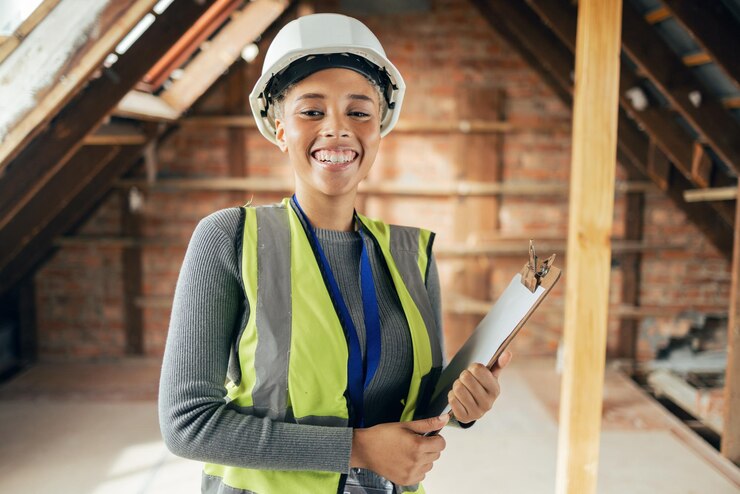 Foto prancheta de mulher arquiteta e feliz no canteiro de obras no planejamento e inspeção da indústria arquitetura de engenheiro e trabalhador da construção civil sorriem no local de trabalho industrial na construção de casa ou casa