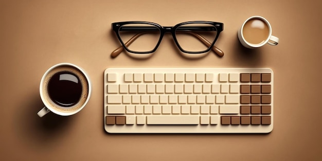 Prancheta de óculos de caneca de café e teclado em um fundo bege