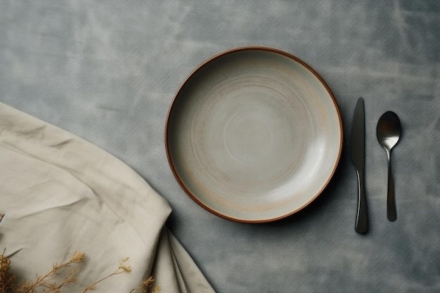 Prata de cerámica con cuchara y tenedor en la mesa de la cocina