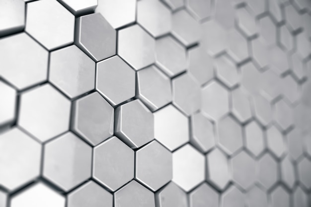Prata fundo hexagonal abstrato com profundidade de efeito de campo. Estrutura de um grande número de hexágonos. Textura de aço da parede do favo de mel, fundo brilhante de conjuntos de hexágonos, renderização em 3D