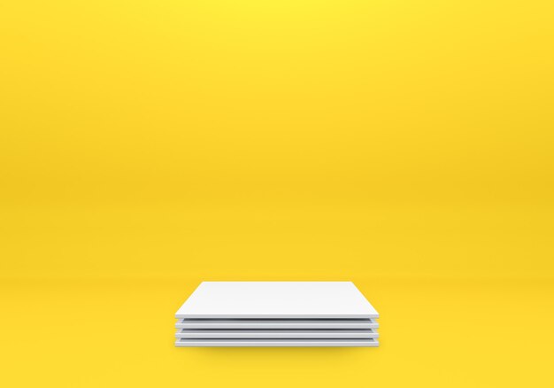 Prateleira branca do pódio ou display de pedestal vazio em fundo amarelo com estilo minimalista. suporte em branco para colocação de produtos. Renderização 3D de fotos premium