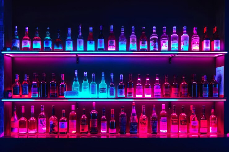 Foto prateleira cheia de muitas garrafas de diferentes tipos de álcool em cores diferentes generative ai