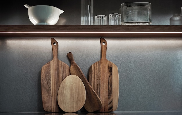 Foto prateleira da cozinha com louça, interior moderno da cozinha