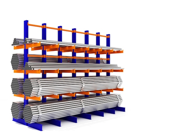 Prateleira de estantes cantilever para produtos de aço Estantes de armazém industrial em renderização 3D de fundo branco
