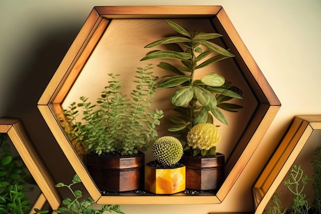 Prateleira de hexágono de madeira com espaço de cópia de plantas para maquete Ilustração AI Generative