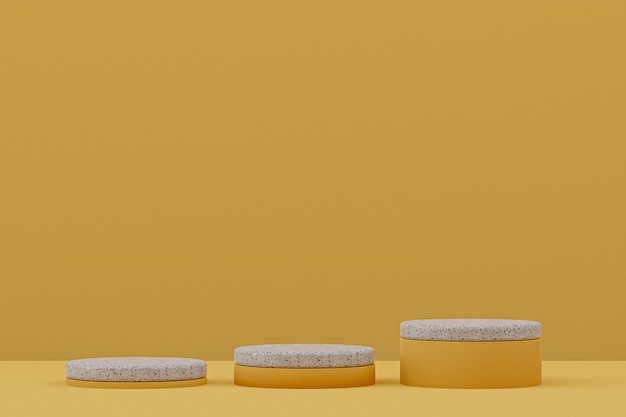 Prateleira de pódio de mármore ou estilo mínimo de suporte de produto vazio em fundo amarelo para apresentação de produtos cosméticos.
