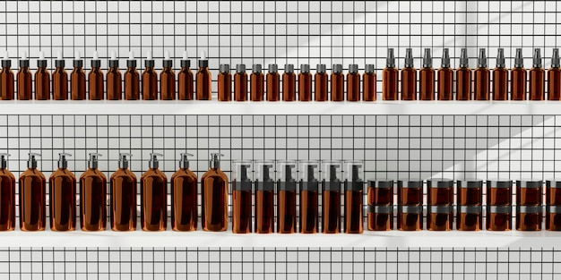 Prateleira de produtos cosméticos na parede de azulejos de cerâmica Renderização em 3d do conceito de comércio