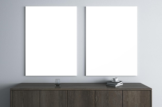 Prateleira de TV de madeira moderna com itens e dois banners de mock up branco em branco no fundo da parede clara Design de interiores e sala de estar com lugar para o conceito de propaganda Renderização em 3D