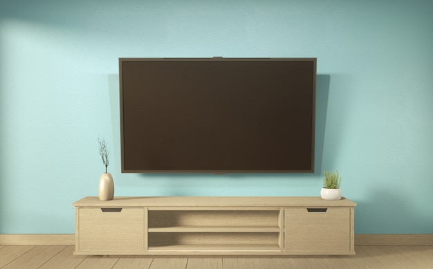 Prateleira de TV em estilo tropical moderno de quarto de hortelã - interior de quarto vazio - design minimalista. Renderização 3d