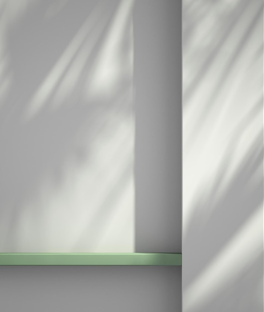 Prateleira do produto na exibição de maquete de pódio de parede com fundo verde e branco com sombra de árvore fundo de verão3D render illustration