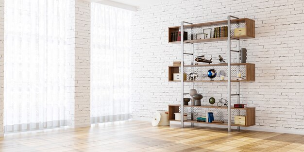 Prateleira no fundo da parede de tijolos na renderização 3D da sala vazia