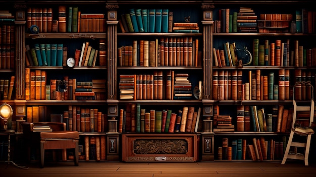 Foto prateleiras da biblioteca com livros
