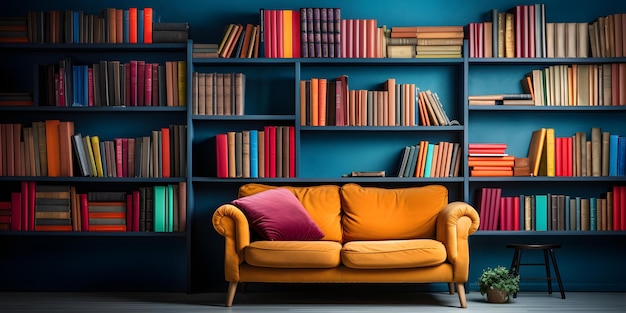 prateleiras de biblioteca coloridas cheias de livros em um ambiente aconchegante de sala de leitura decoração de biblioteca conceito canto de leitura aconchagante prateleiras coloridas biblioteca de casa inspiração estética de sala de lectura