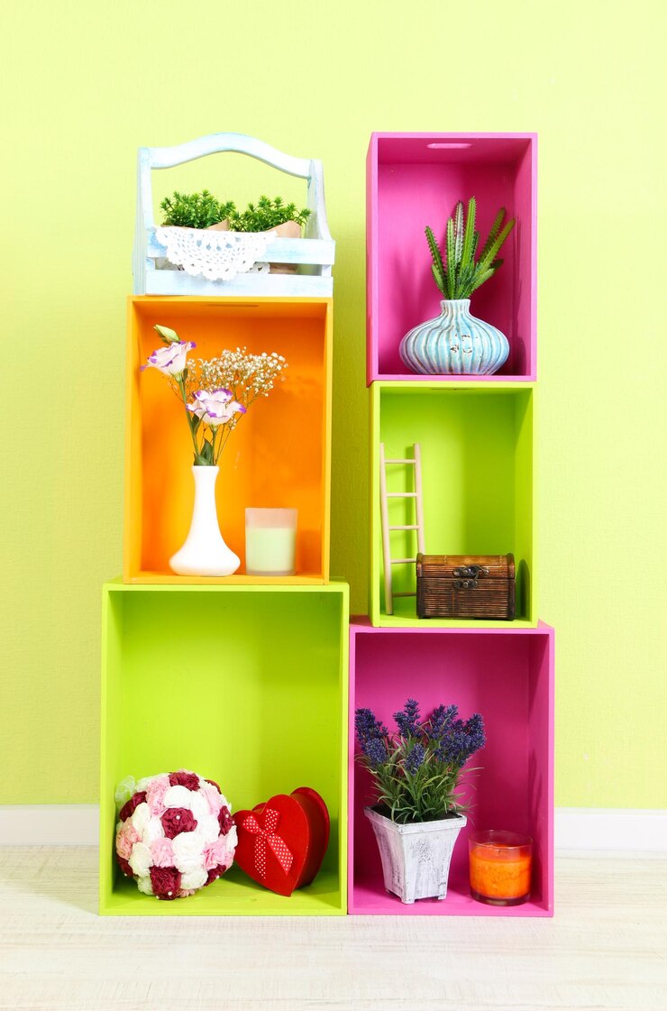 Foto prateleiras de diferentes cores brilhantes com adição decorativa no fundo da parede