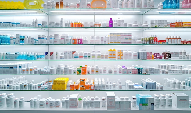 prateleiras de farmácia brilhantes estocadas com vários medicamentos e produtos de cuidados de saúde exibindo uma orga