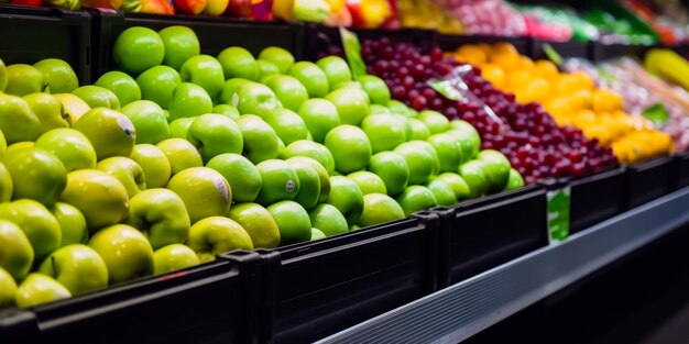 Prateleiras de frutas no supermercado Varejista mercado saudável de alimentos IA generativa