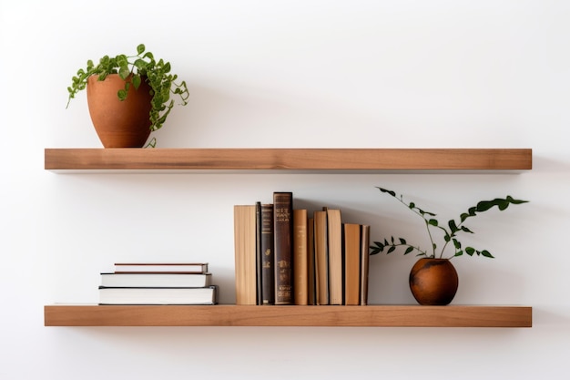 prateleiras de madeira na parede branca com plantas e livros