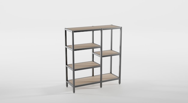 Prateleiras de madeira vazias com base de metal em vista de ângulo de perspectiva Rack em estilo loft para escritório interior ou design moderno de apartamento Maquete em branco prateleiras 3d para armazenamento isolado no fundo branco