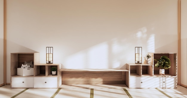 Prateleiras de parede de caixa na sala de estar tatami estilo japonês e lâmpada de decoração e plantas em zen branco renderização em 3D