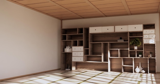 Prateleiras de parede de caixa na sala de estar tatami estilo japonês e lâmpada de decoração e plantas em zen branco renderização em 3D