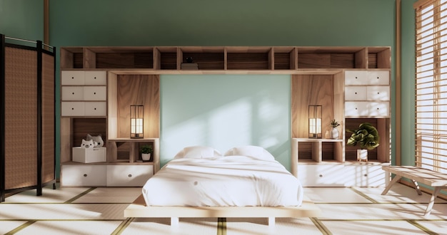 Prateleiras de parede de caixa no quarto de cama tatami estilo japonês e lâmpada de decoração e plantas em mint zen room3D rendering