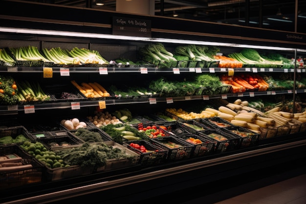 Prateleiras de supermercado com variedade de frutas e legumes frescos em shopping Prateleiras de mercearia e vegetais no supermercado AI Generated