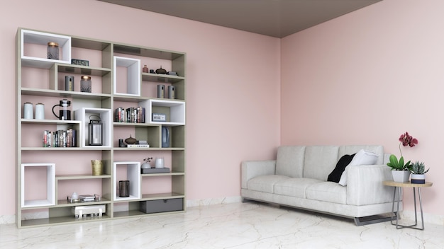 Prateleiras do armário na sala de design de parede com decoração, sofá e fundo de maquete rosa bebê