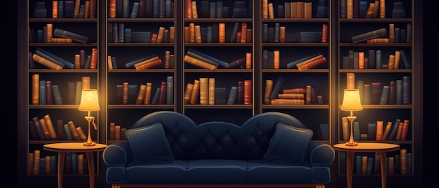 Foto prateleiras na biblioteca grande estante com muitos livros sofá na sala para ler livros