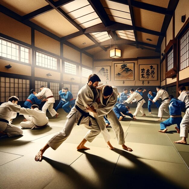 Foto prática tradicional de judô no ambiente do dojo