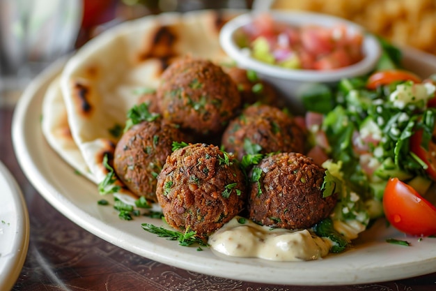 Prato branco com bolinhas de carne e salada