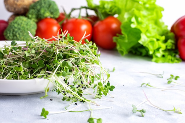 Prato branco com microgreens frescos está em um prato branco com legumes, pimentão vermelho, rabanete vermelho, brócolis, salada verde e tomate.